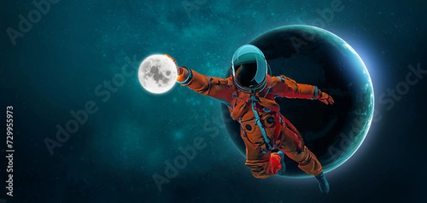 Obraz American football, rugby player astronaut in space action and Moon, Mars, Earth planets on the background of the space. 3d render