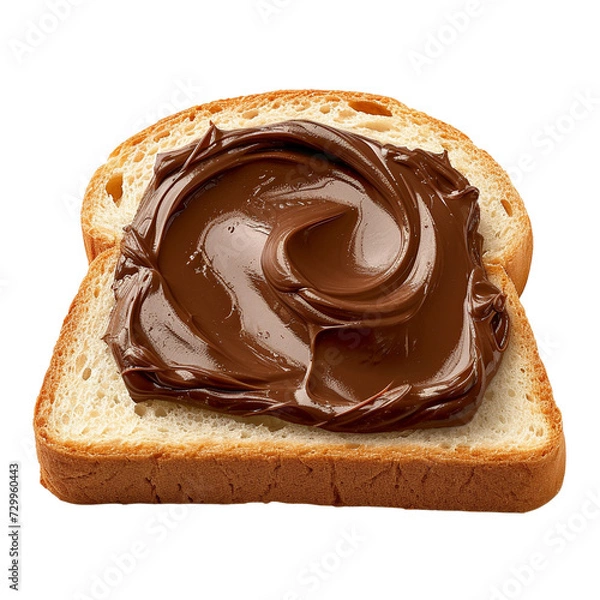 Fototapeta A piece of white bread topped with a thick layer of chocolate spread isolated on transparent or white background, png