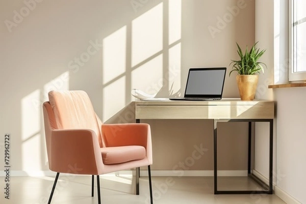 Obraz minimalist home office with peach armchair and laptop on desk