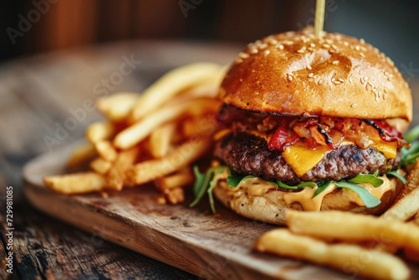 Fototapeta Juicy cheeseburger with crispy bacon and fresh greens, alongside a heap of fries on a rustic wooden platter.