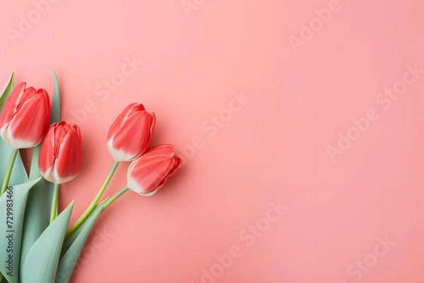 Fototapeta Red tulip flowers on side of pink background with copy space