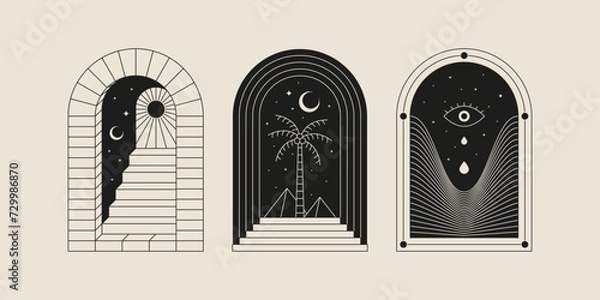 Obraz Boho frame arch vector illustration modern minimalistic retro aesthetic linear arc portal logo bohemian design element mystical geometric abstract border