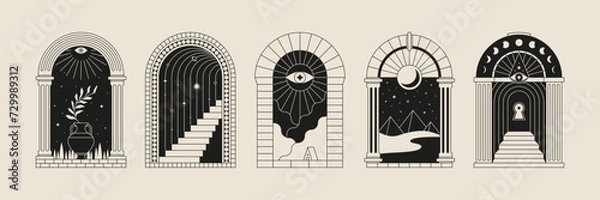 Obraz Boho frame arch vector illustration modern minimalistic retro aesthetic linear arc portal logo bohemian design element mystical geometric abstract border