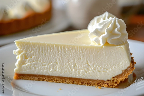 Obraz A tempting slice of cheesecake rests elegantly on a plate, adorned with fresh strawberries and a hint of cream, making it a delectable dessert choice