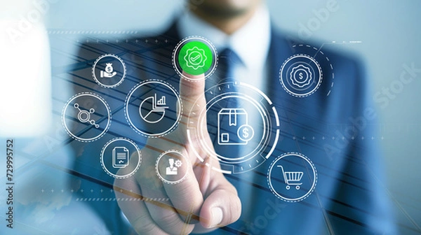 Fototapeta Procurement management concept: man with smart hologram sourcing and acquiring materials, products, and services from suppliers to meet the organization's needs.