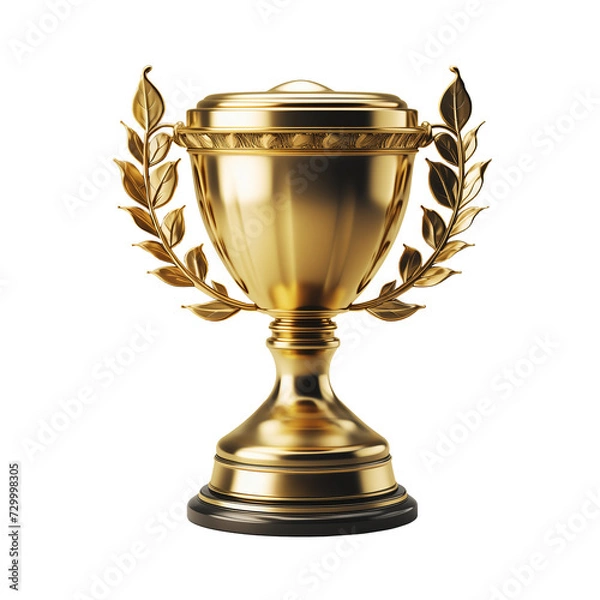 Obraz Golden trophy cup or champion cup with empty gold plate for your text. Champion first place in competition. 3D render. PNG with transparent background 