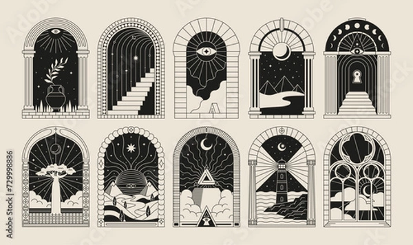 Fototapeta Boho frame arch vector illustration modern minimalistic retro aesthetic linear arc portal logo bohemian design element mystical geometric abstract border