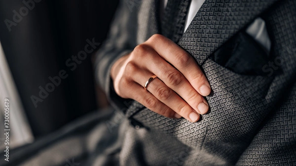 Obraz Close-up of a groom getting ready for his wedding day. Wedding ring, groom's hand close up