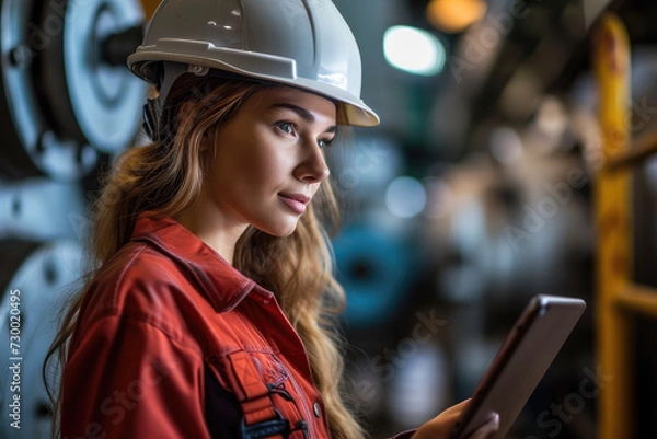 Fototapeta Happy female worker with hard hat looking at tablet computer in steel fabrication shop. Generative AI.