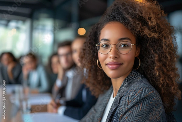 Fototapeta Cheerful young professional woman wearing glasses attending a collaborative team meeting in a bright office space.