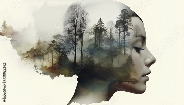 Fototapeta Double exposure of a woman's head with moody forest and watercolours. Melancholic view