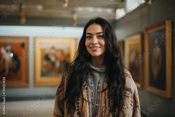 Fototapeta Art Enthusiast Admiring Paintings in Gallery: Cultural Immersion and Joyful Discovery