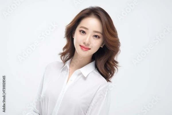 Fototapeta Charming Asian Employee, In a striking portrait, a young Asian businesswoman emanates elegance and professionalism against a simple white background. Generative AI.