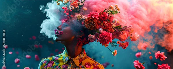 Obraz  Surreal abstract image of a woman with flowers on her head and colored smoke, summer abstract background
