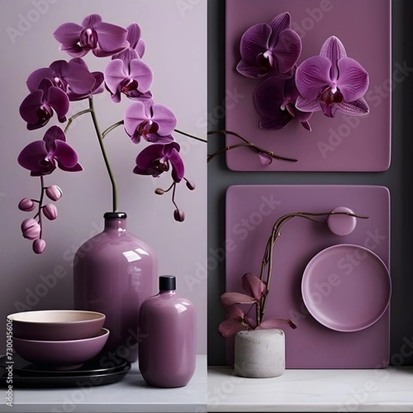 Fototapeta a kitchen with a mysterious and elegant orchid-inspired color palette. Picture cabinets in deep shades of plum and orchid