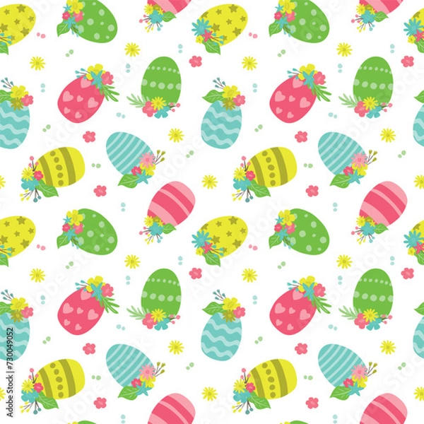 Fototapeta Hand drawn seamless vector pattern with cartoon painted eggs and flowers , on a white background.