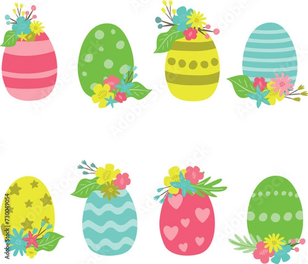 Fototapeta Set of Easter eggs with flowers. Vector illustration for designs, prints and patterns. Isolated on white background.