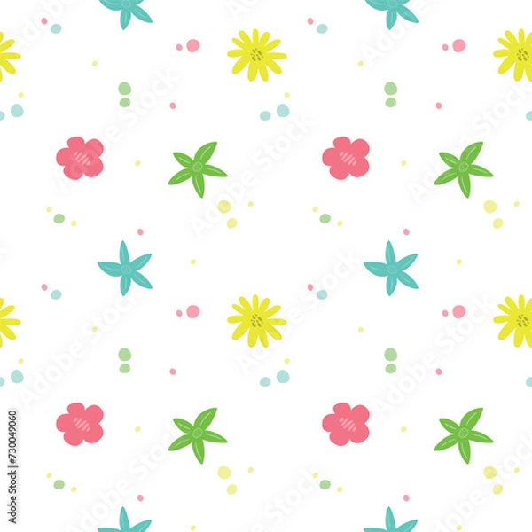 Fototapeta Seamless pattern with bright colorful flowers and dots. Vector illustration for designs, prints and patterns. Isolated on white background.