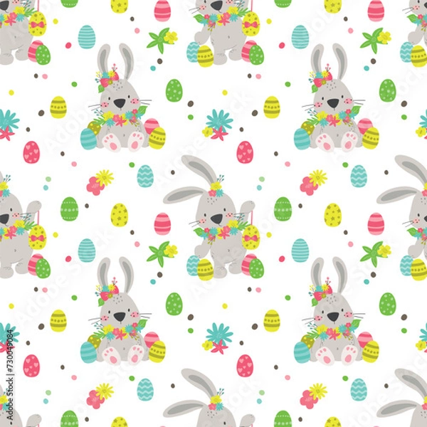 Fototapeta Seamless pattern with bunny and easter eggs. Endless texture for spring design, decoration, greeting cards, posters, invitations, advertisement. Vector illustration.