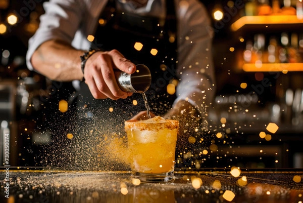 Obraz Bartender sprinkling orange juice into cocktail glass with splashes. A skilled mixologist in action, crafting signature Cinco de Drinco cocktails with flair and precision.