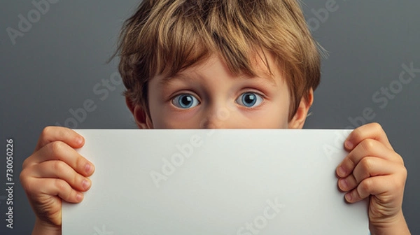 Fototapeta Promoting Reflection: Longing Boy with Empty Card, Ready for Your Message