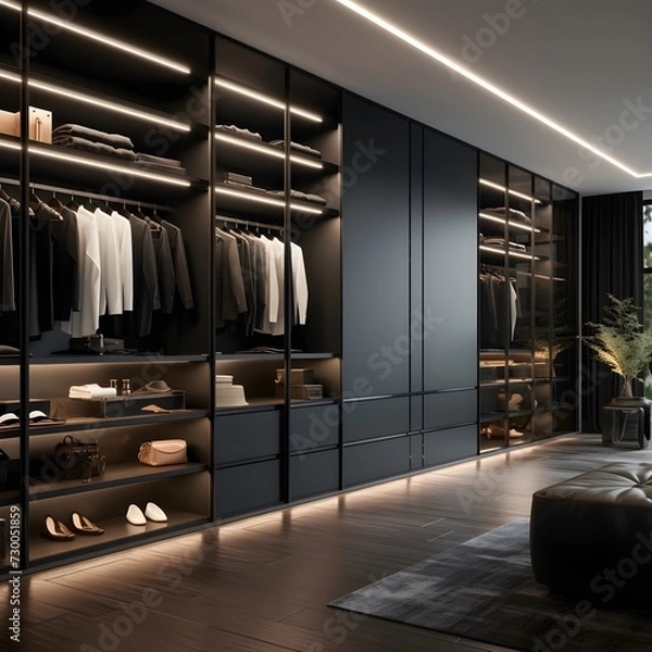 Obraz a walk-in closet that embraces edgy noir aesthetics. Picture matte black built-in wardrobes with integrated LED strip lighting.