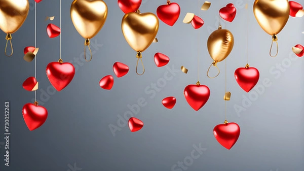 Fototapeta Gray background postcard with balloon red hearts,and Valentine's Day concept.