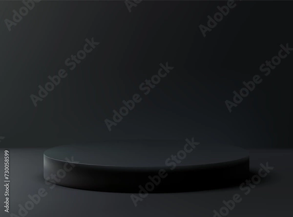 Fototapeta 3D realistic vector black round mockup. Black podium, real view with round shadow pedestal on abstract dark background
