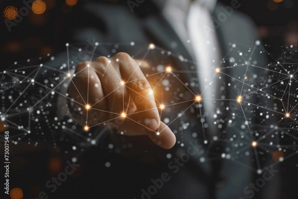 Fototapeta Abstract background of technology with touching hands of a businessman. AI Generated