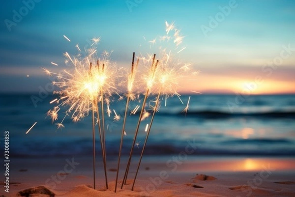 Fototapeta Sparklers on the beach at sunset.