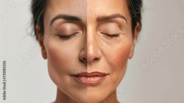 Fototapeta close-up of a woman's face showing a comparison between youthful skin on one side and aged skin with wrinkles on the other, against a neutral background