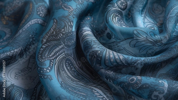 Fototapeta Background texture, pattern. Blue paisley silk chiffon mod fabric by the yard