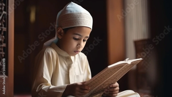Fototapeta The boy learned to read the Quran from inside the mosque, a concept of the next generation of Islam