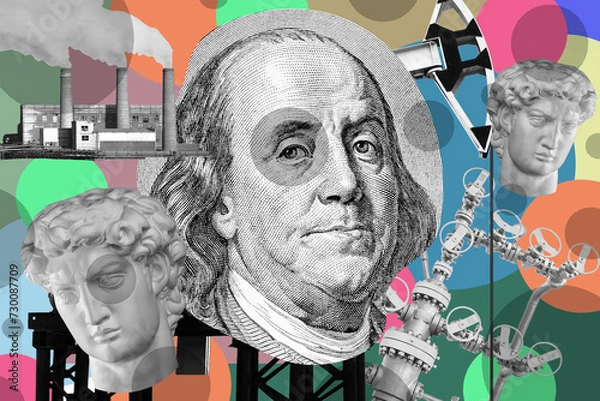Fototapeta Pop art collage with antique statue head, industrial objects and portrait Benjamin Franklin from the 100 dollars bill. Alternative zine culture. Surreal poster, template for concept design or cover.