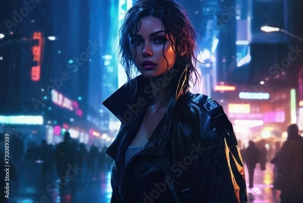 Obraz Sensual Woman in Cyberpunk Environment with Rain and Neon Lights