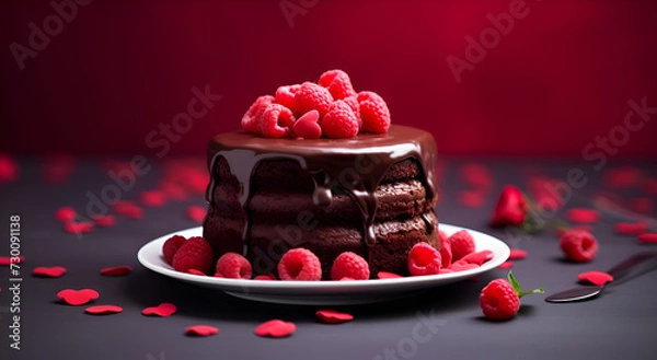 Fototapeta Chocolate cake with raspberries on the table
