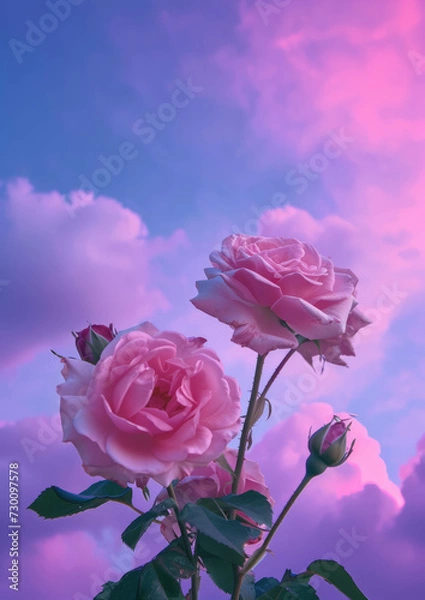 Fototapeta Pink roses are in front of a purple sky with pink and blue. 80s and 90s aesthetic. Feminine sensibilities. Light blue and pink colors. Spring flower idea.