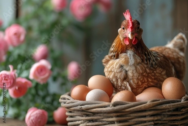 Fototapeta hen, hatching the egg, eggs at the farm, chicken and eggs