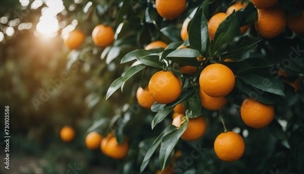 Fototapeta Bunch of fresh ripe oranges hanging on a tree in orange garden 