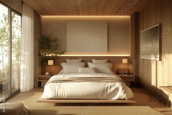 Fototapeta Minimal bedroom, House interior design backdrop, White modern bedroom, Simple design.