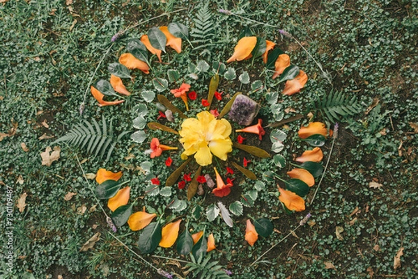Obraz earth altar mandala of flowers and natural elements, ritual, ceremony