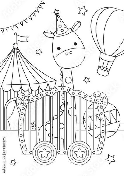 Fototapeta Coloring page outline of cute giraffe in front of circus tent