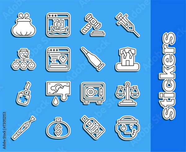 Obraz Set line Bandit, Scales of justice, Arson home, Judge gavel, System bug, Mafia, Wallet and Bullet icon. Vector