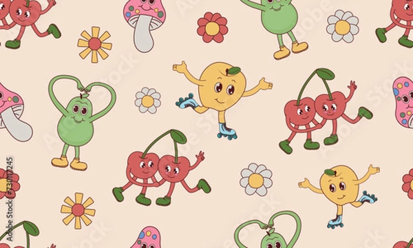 Fototapeta Vintage characters and elements with 70s hippie style pattern. Cute pattern or badges in a trendy psychedelic style. Fruits, mushrooms in cartoon groove style. Vector illustration.