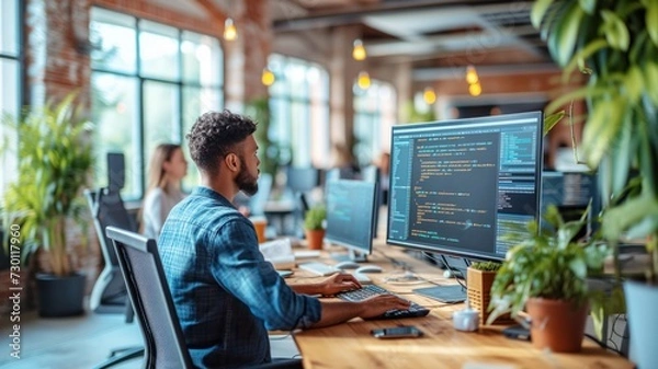 Fototapeta A software developer at work. A man sits at a desk in a bright office and stares at computer screens with lines of code.