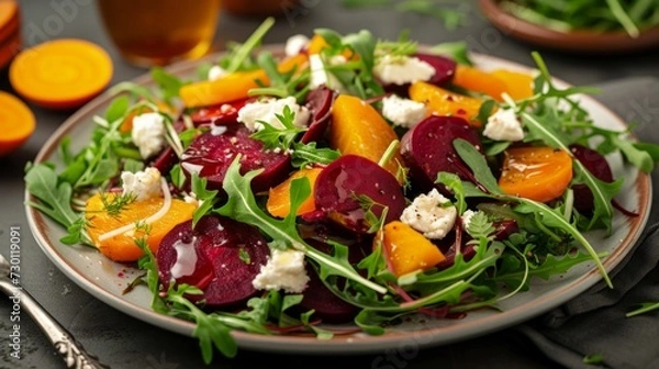Fototapeta A colorful roasted beet salad with goat cheese, arugula, and a drizzle of honey