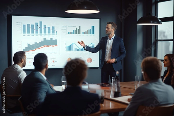 Fototapeta Businessman showing data to group of investors and business partners. Big TV screen showing graphs, product sales and revenue growth strategy.