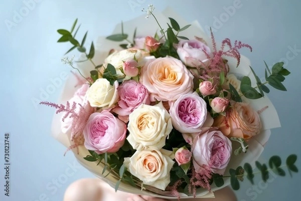 Fototapeta Woman with bouquet of beautiful roses on light blue background, closeup. generative ai.