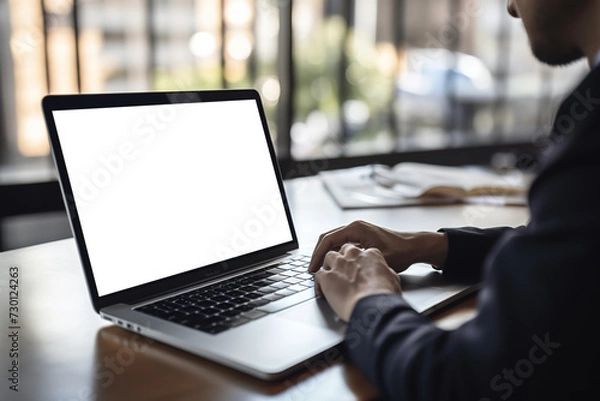 Fototapeta Businessman looking at an empty blank mockup screen, typing, planning, and analyzing data. Business technology concept