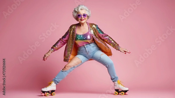 Fototapeta Beautiful old woman, grandmother in stylish clothes posing on vintage roller skates over pink studio background. Concept of age, fashion, lifestyle, emotions